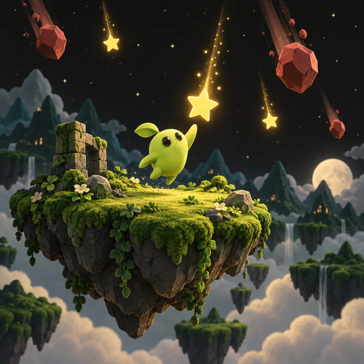 Arcade game concept illustration of a green creature catching golden stars while avoiding red rocks.