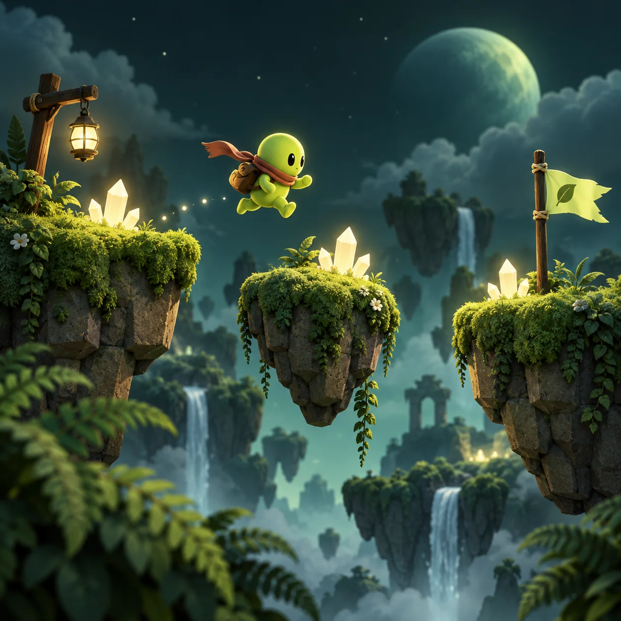Platformer concept illustration of a small green adventurer jumping between mossy platforms and glowing crystals.